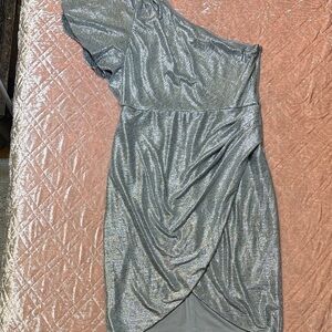 One-Shoulder Metallic Silver Cocktail Dress